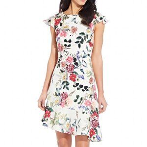 Adrianna Papell Parisian Garden-Print Ruffled Flounce Floral Spring Dress 14 NWT